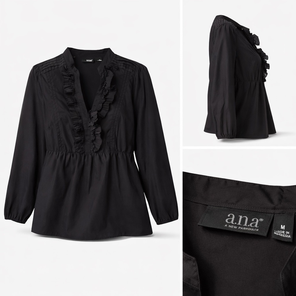 🦝 a.n.a Black Ruffle Blouse – Size Medium